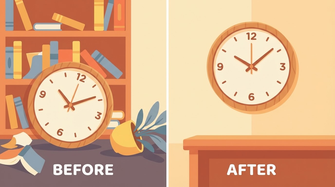 壁に穴を開けるのが怖くて何年も置き時計にしていた壁掛け時計を、ようやく壁に掛けた話